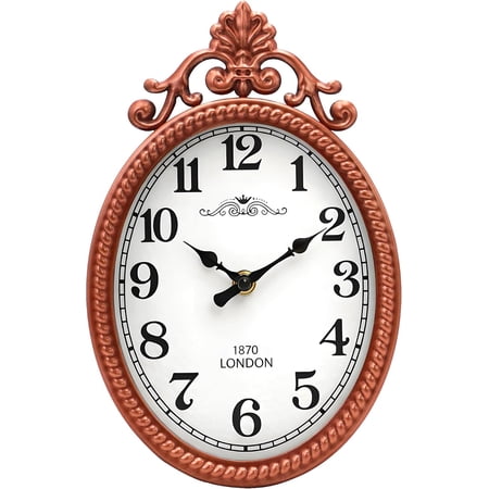 Vintage Metal Wall Clock – Rose Gold Decorative Accent, French European Ornate Design, Silent Non-Ticking Battery Operated for Living Room, Entryway, Bedroom 10.2 Inch