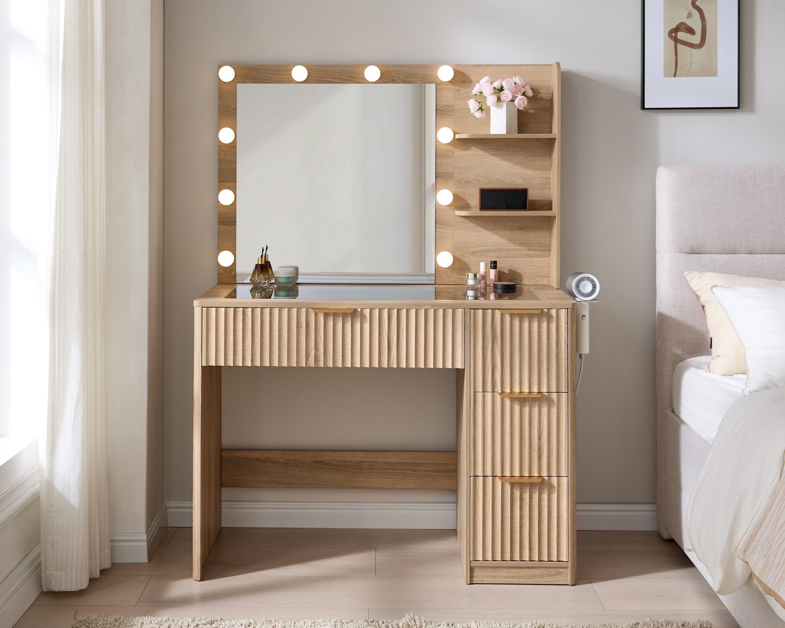 Merluxy 36.2" Girls Vanity Desk with Mirror and Adjustable LED Lights, 4 Drawers Makeup Table with Glass Top and Charging Station, Oak