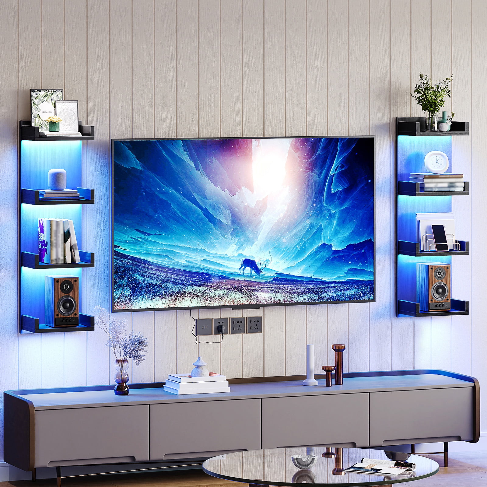 Vertical 4-Tier LED Floating Wall Shelves, Black