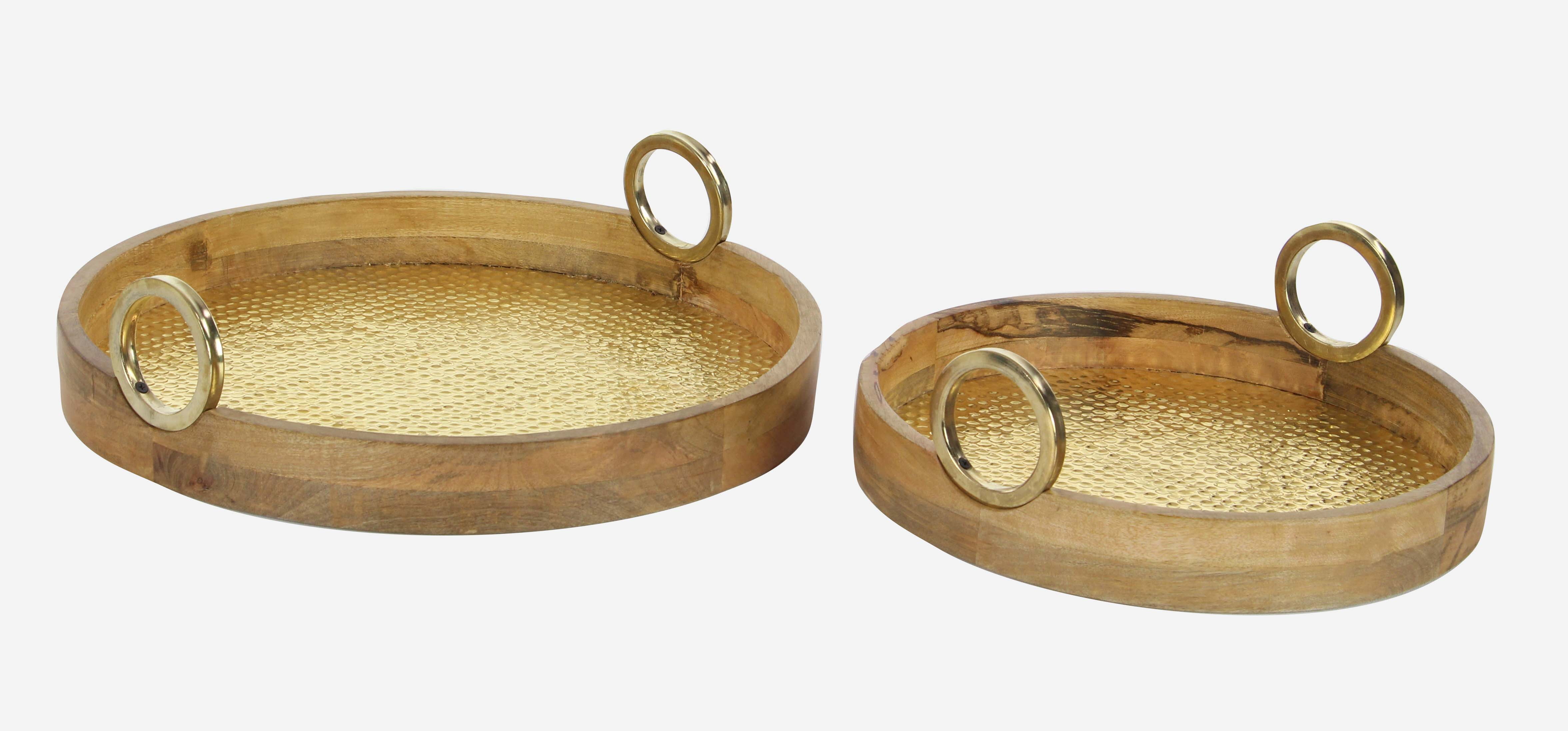 Decmode Traditional 15 And 20 Inch Round Wood And Brass Trays With