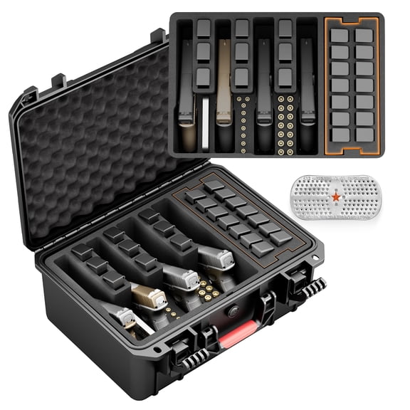 TSA-Approved 4-Pistol Protective Travel Case | Waterproof & Shockproof Hard Storage Box for Firearms, Includes 23 Magazine Slots, Custom Foam & Moisture Absorber