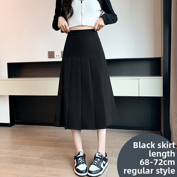 Women's vintage khaki midi skirt for spring, autumn, and winter, with a new stylish loose high-waisted French A-line pleated design
