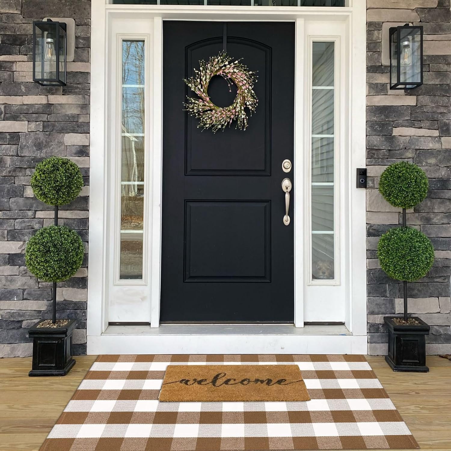 Fall Ourdoor Rug Farmhouse Brown and White Buffalo Check Rug Layered Welcome Door Mat for Front Porch Decor, Front Door, Farmhouse Decor(35.4''x59'', Coffee and White)
