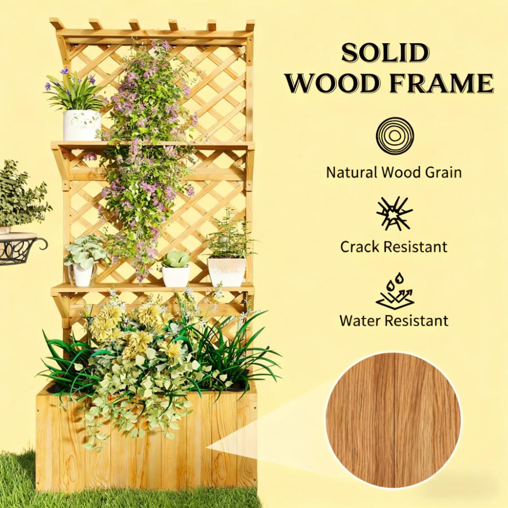 Raised Garden Bed, Wooden Planter with Trellis, Hanging Roof, Plant Shelf, Drainage Holes and Bed Liner