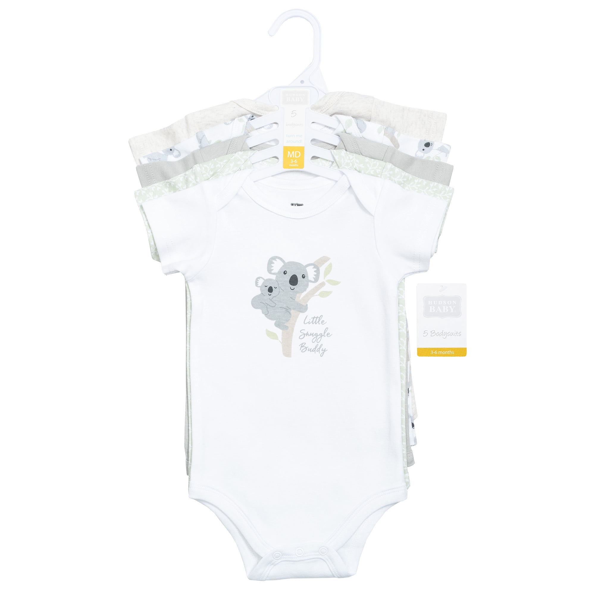 Hudson Baby Infant Cotton Bodysuits 5-Pack, Koala Hugs, 3-6 Months