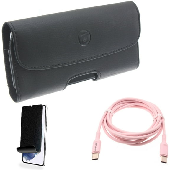 For Samsung Galaxy S21 (6.2") - Holster Leather Case Belt Clip   PD Fast Charger USB-C to Type-C Pink 6ft Long Cable   [Fingerprint Works] TPU Film Privacy Screen Protector