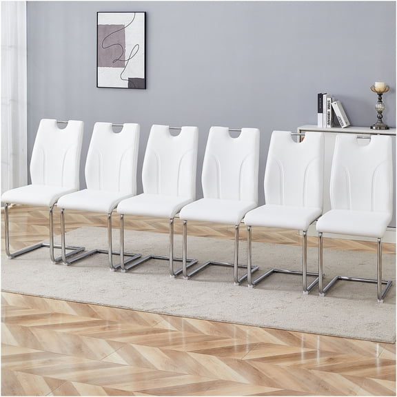 JERFIT Modern PU Leather Dining Chairs Set of 6, White Upholstered Side Chairs with Silver Metal Legs for Kitchen, Office, Restaurant