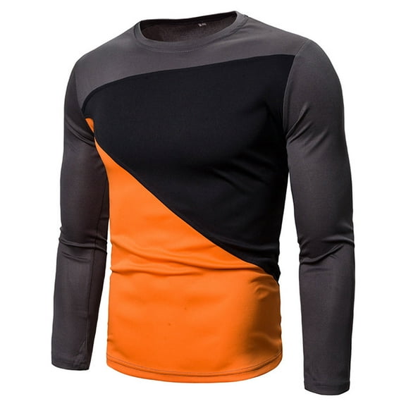 Mens Tops Stretch Slim Fit Workout Tee Contrast Color Patchwork T Shirts Casual Long Sleeve Shirt Fall Fashion Crew Neck Top