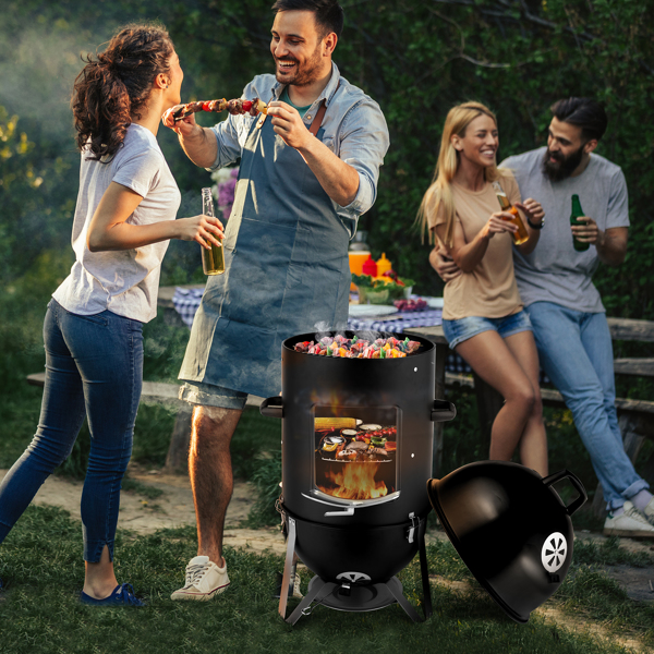 Vertical 18.5 Inch Steel Charcoal Smoker, 3 in 1Heavy Duty Round BBQ Grill for Outdoor Cooking