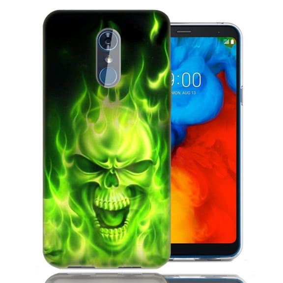 MUNDAZE For LG Stylo 4 Green Flaming Skull Design TPU Gel Phone Case Cover