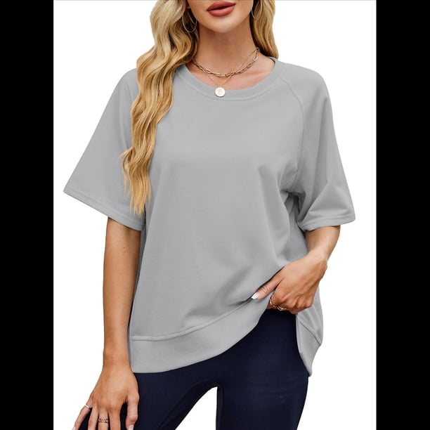 Camisetas de Gran Tamaño para Mujer, Cuello Redondo, Corta, Blusas Casuales de Verano, Blusas Holgadas de Corte Alto Gris XXL