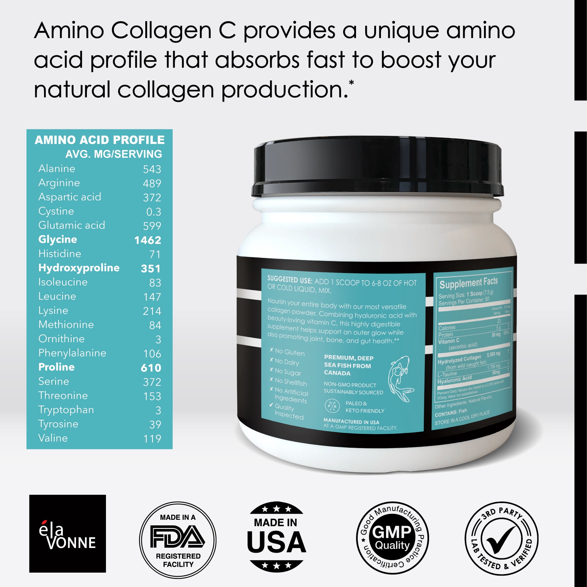 Amino Collagen C with Hyaluronic Acid (60 Servings _ 16oz 456g) - Non-GMO Marine Collagen Peptides - Hydrolyzed Powder - Unflavored - No Sugar - for Firm Skin, Hydration, Healthy Joint