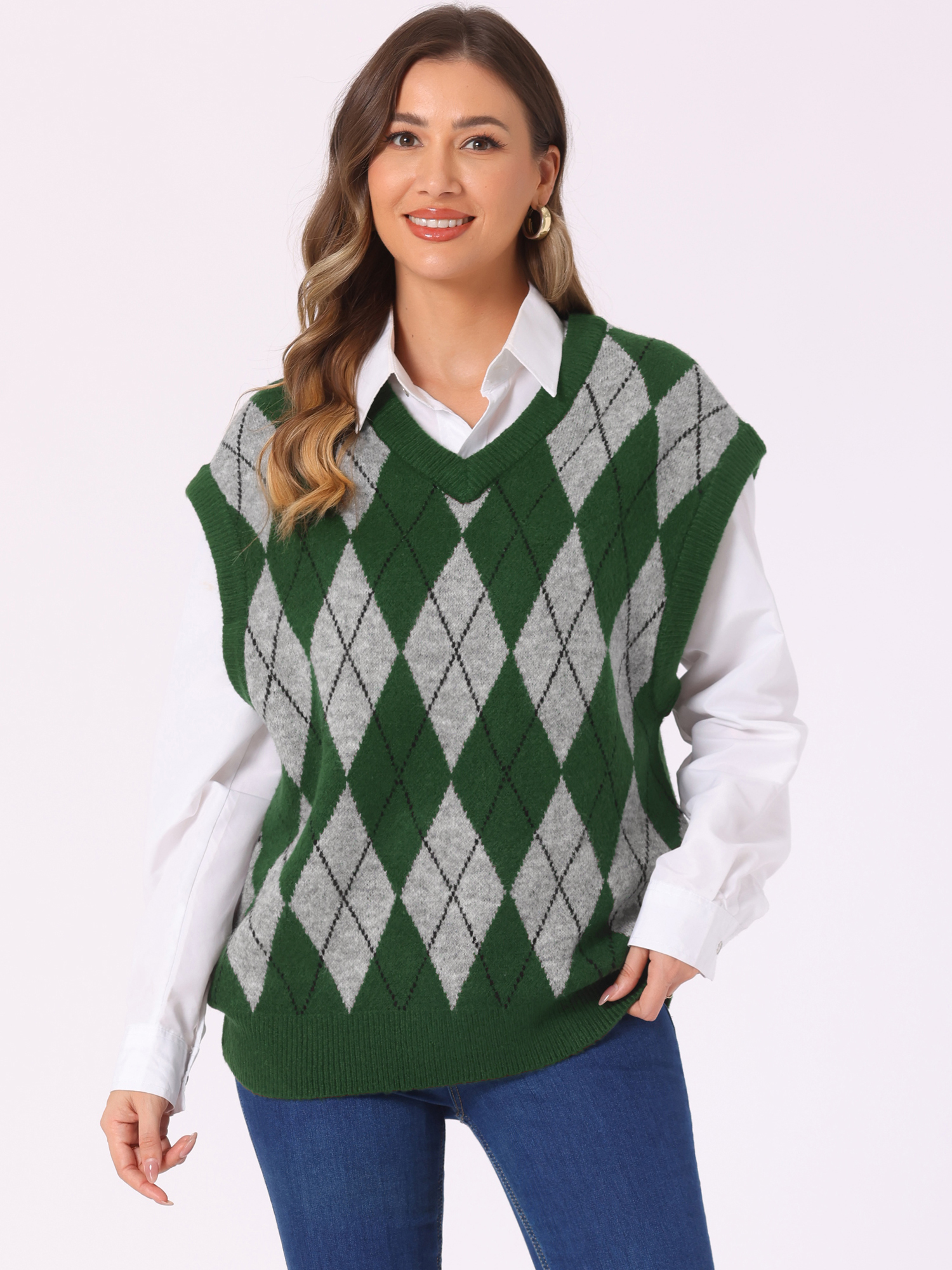 DARING DIVA Plus Size Contrast Color Sweater Vest Knit Pullover S Dark Green