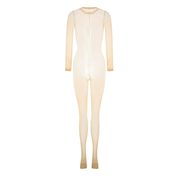 Women's Sexy Lingerie, Breathable Thermal Mesh Material, Solid Color, Long Sleeve Translucent Bodystocking - Classic Round Neck, Slit Design Pantyhose - Black Pantyhose - Women's Sexy Lingerie