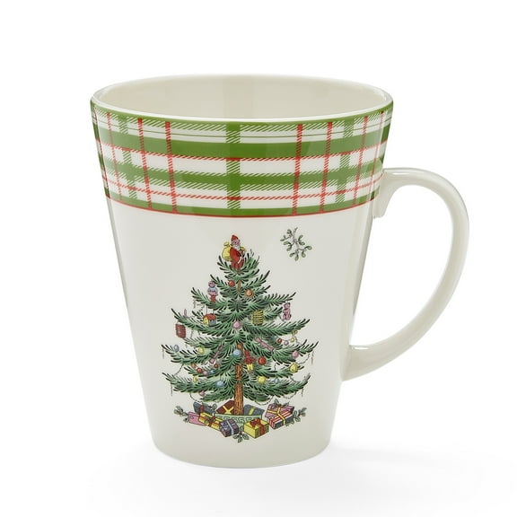 Spode Christmas Tree 2025 Annual Mandarin 14oz Mug, Porcelain Coffee or Tea Mug with Tartan Borders - Festive Holiday Drinkware - Dishwasher & Microwave Safe, Holiday Gift for House Party/Cozy Nights