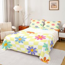 Homewish Vibrant Groovy Floral Full Size Sheets for Teens, Dreamy Yellow Cartoon Bed Sheets, Spiral Plaid Buffalo Sheet Sets, Super Cozy Room Decor, 4pcs
