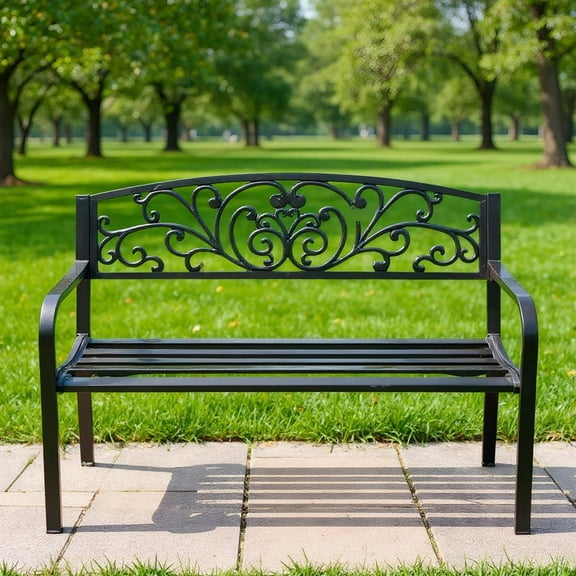 Topcobe 50 Inch Patio Park Steel Frame Cast Iron Backrest Bench Porch Chair, Outdoor Deck Furniture