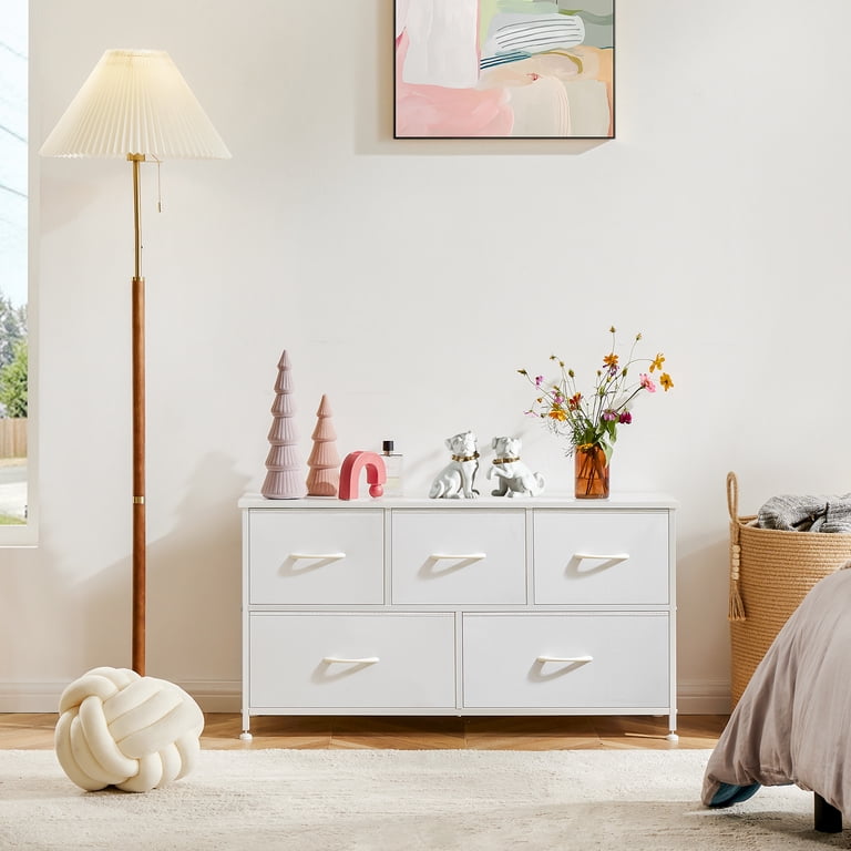 MCQ 5-Drawer Fabric Dresser with Metal Frame & Wood Top Storage Organizer for Bedroom, Closet, Entryway, White MCQ 5-Drawer Fabric Dresser with Metal Frame & Wood Top Storage Organizer for Bedroom, Closet, Entryway, White