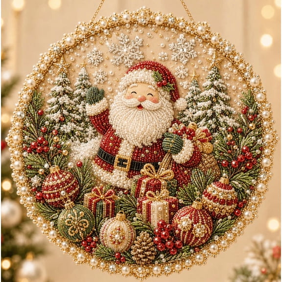2026 Holiday Pearl Art Hanging Wreath Kit | Luxury Flocked Canvas with Scratch-Resistant Non-Fading Pearl Beads DIY Handmade Seasonal Decor Christmas Santa Wonderland