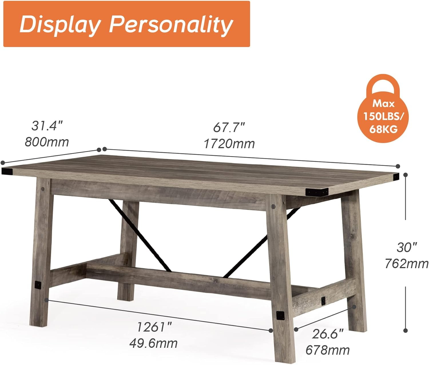 Wampat Modern 67.7 in Rectangle 6 Seats Dining Table, Grey