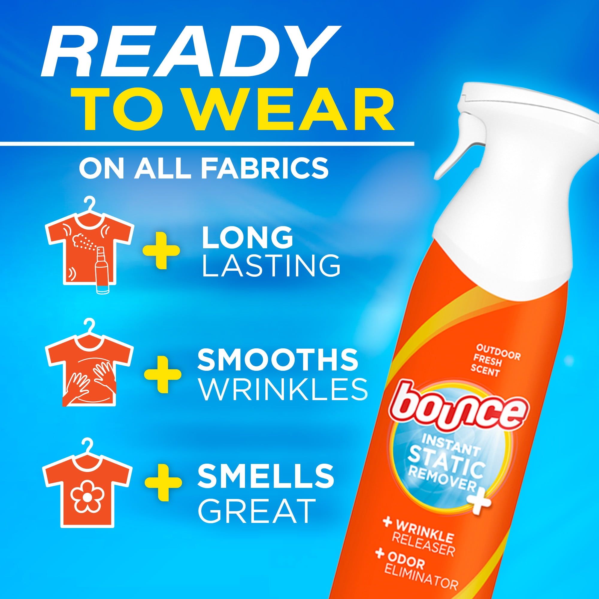 (2 pack) Bounce Rapid Touch-Up 3 in 1 Static Remover, Wrinkle Releaser, Fabric Refreshing Odor Eliminator, Fresh Scent, 9.7 oz