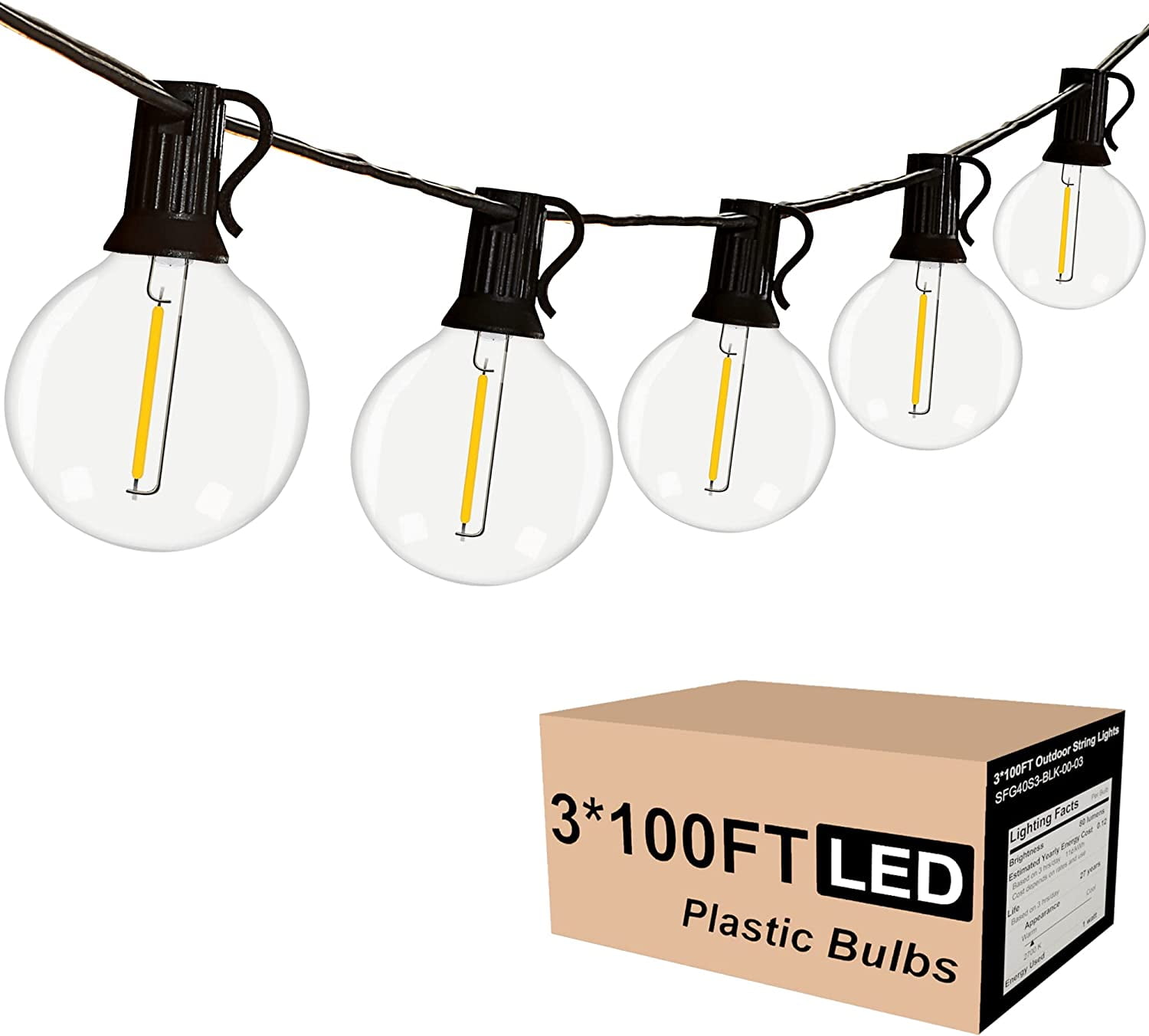 Outdoor String Lights LED 300FT Pack of 100 Feet 150pcs E12 Sockets  with 156pcs G40 1W Dimmable Globe Plastic Bulbs Shatterproof LED Outdoor  String Lights for Outside Patio Backy