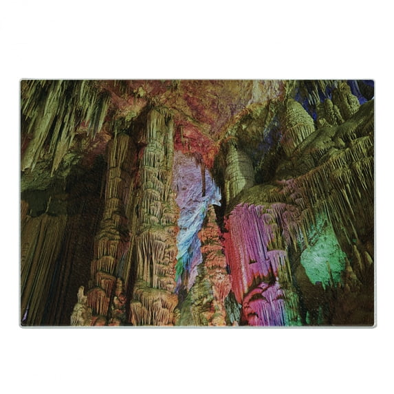 Natural Cave Cutting Board, Colorful Geological Cistern Rainwater Harvest Luminous Reflections Picture, Decorative Tempered Glass Cutting and Serving Board, Small Size, Multicolor, by Ambesonne