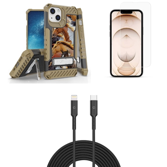 Bemz iPhone 13 Mini Bundle: Tri Shield Military Grade Armor Rugged Case (Wild Horses), Premium Glass Screen Protectors (2-Pack), USB-C to Lightning Cable (3.3ft/1m)