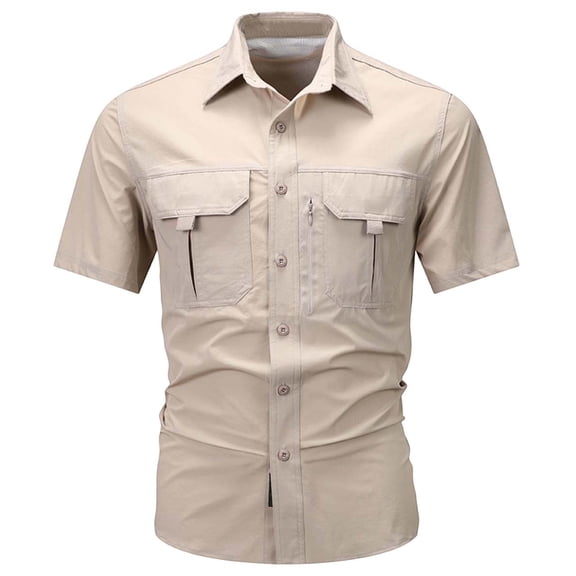 VSSSJ Men's Outdoor Fishing Shirt Quick Dry Short Sleeve Button Down Shirts Breathable Travel Hiking Work Shirt with Multi-Pockets Beige XXXL