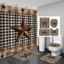 4PCS/Set Vintage USA Flag Western Texas Star Shower Curtain set, Primitive Rustic Country Farmhouse Beige Wood Board Patriotic Bathroom Decor, Non-slip Bath Rugs Toilet Carpet, Berry Wreath