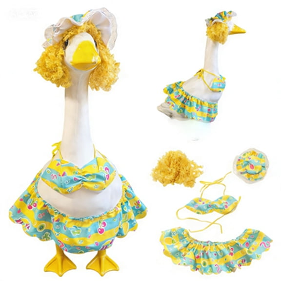 Summer Beach Fruit Print Porch Goose Outfit With Bikini Skirt Wig And Hat For 19 To 23 Inch Goose Statue Yard Decor
