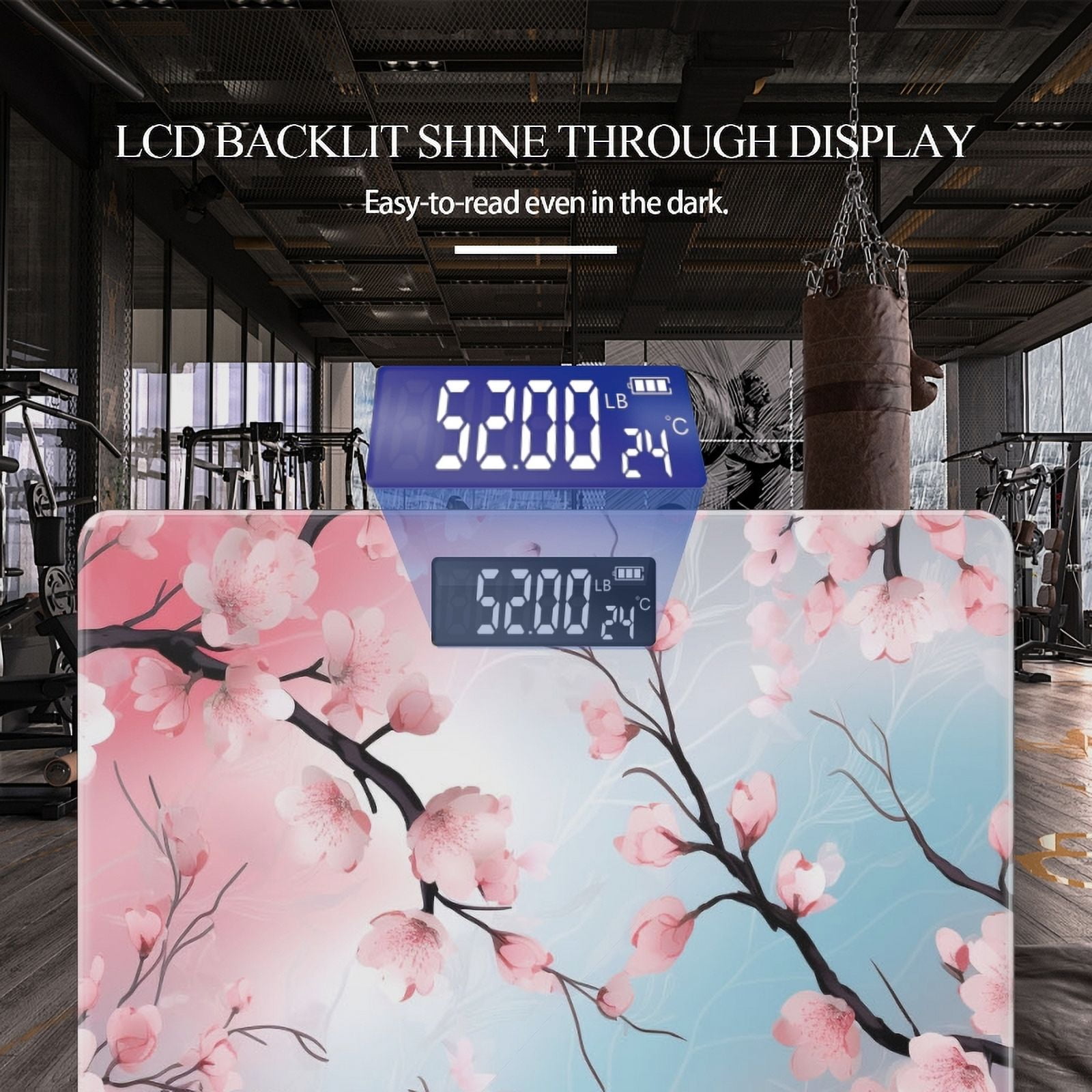 Digital Bathroom Scale with Large LCD Display,High Capacity Scale 400 lbs High Precision body fat scale-Pink And Blue Sky Background, Pink Flowers On Tree Branches