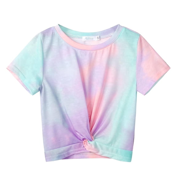 Arshiner Girls Casual Short-Sleeve T-Shirt Cute Print Twist Front Summer Blouse for Girls Tunic Tee Tops