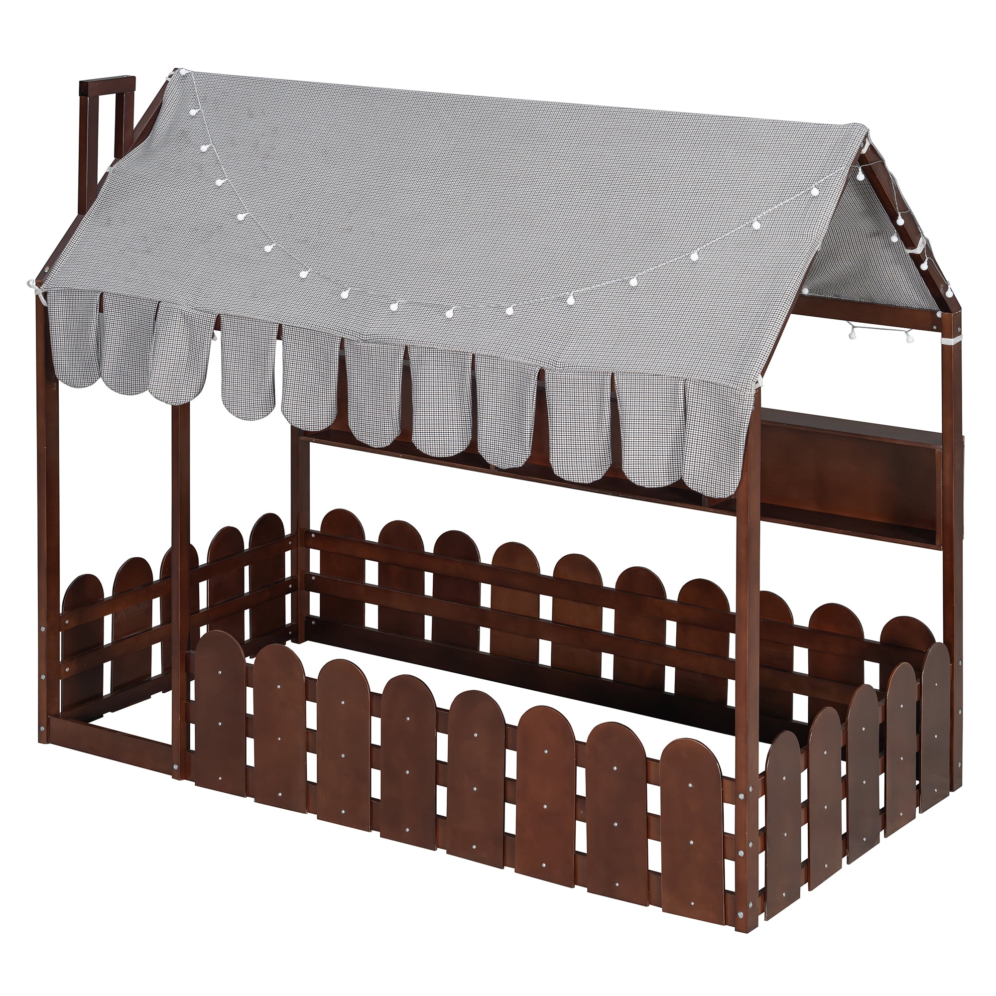 Aukfa Full Size House Bed with Fence and Tent for Kids, Wooden Montessori Bed with LED Lights & Storage Shelves for Toddler Boys and Girls Bedroom, Espresso