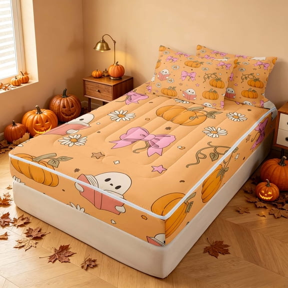 Homewish Halloween Spooky Animal Zipper Twin Comforter Sets with Fitted Sheet and 2 Pillowcases, Bow Pumpkin Star Zipper Bedding Set, Orange, Pumpkin Bat Reversible