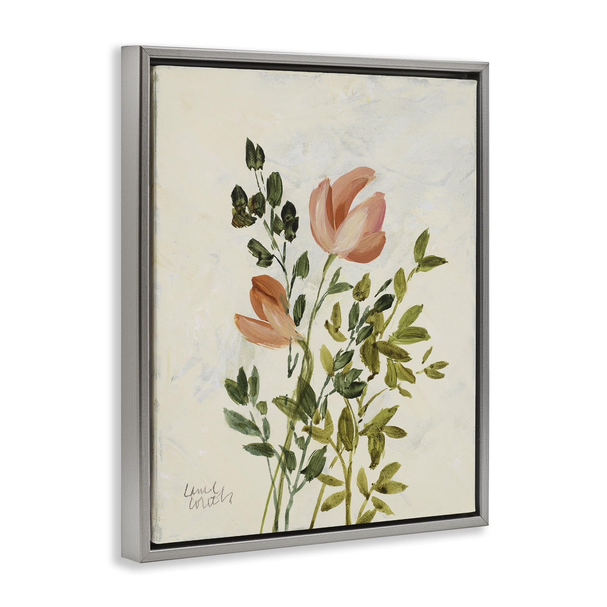Stupell Industries Vintage Leaves Pink Blossom Floral & Botanical Painting Gray Floater Framed Canvas Art Print Wall Art, 17 x 21