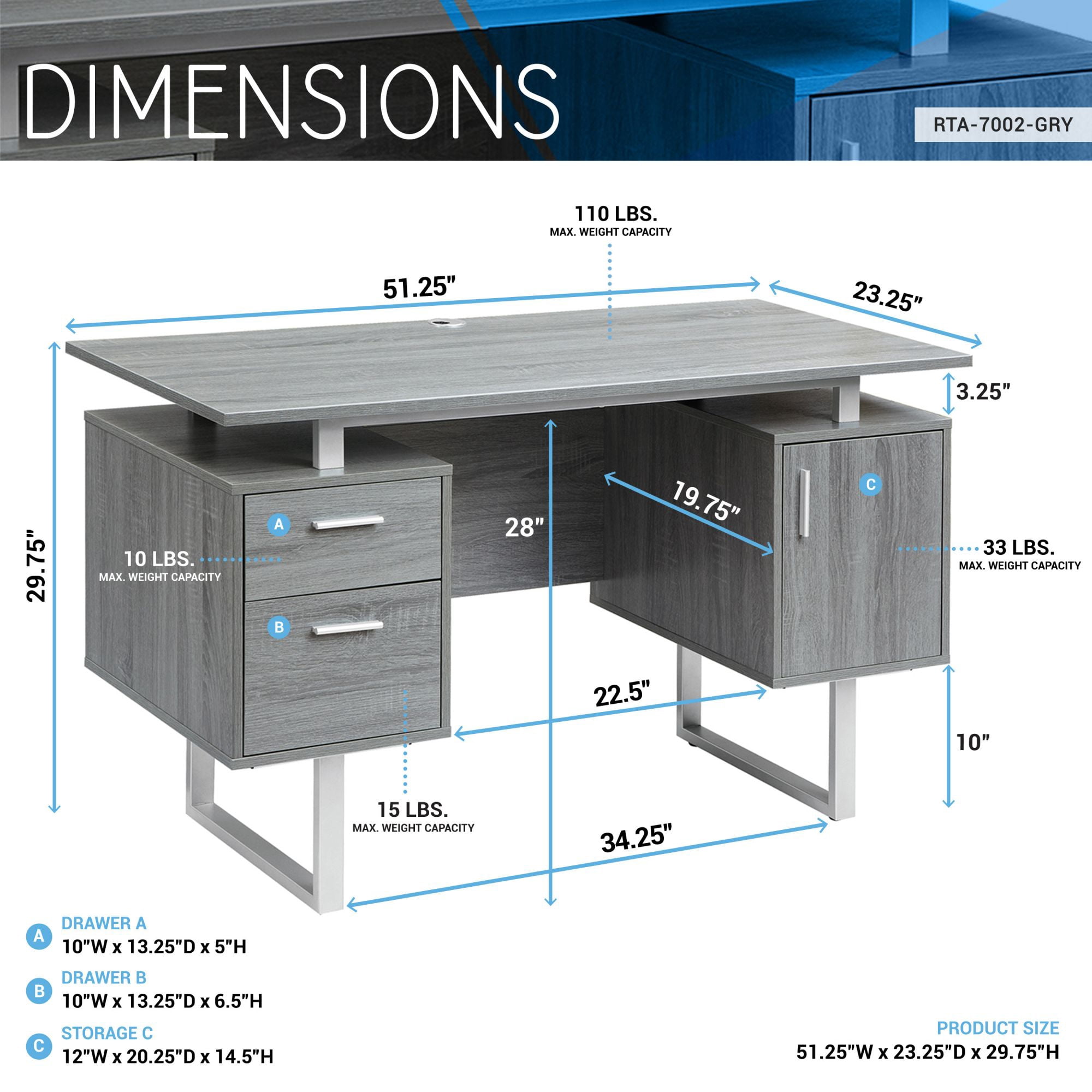 DEALTOPS Modern Computer Desk with Multiple Storage Spaces and Metal Frame for Home and Office -Gray