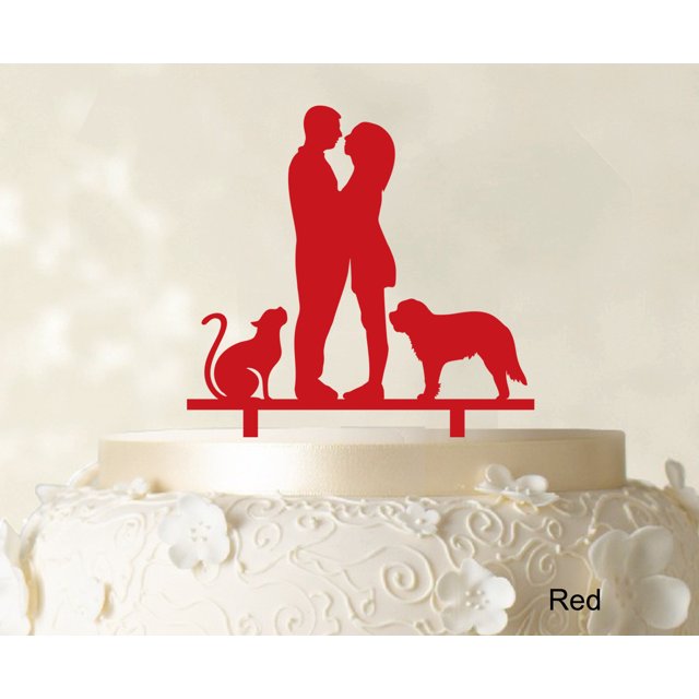 Couple Wedding Cake Topper With Pets Silhouette Wedding Topper Cake Decorations Color Option Available 6.5-7.5 Inches Wide