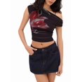 thumbnail image 3 of Women's Summer Floral Going Out Tank Tops Off Shoulder Slim Fit Y2K Crop Mesh Top Vacation Outfits Black XS, 3 of 10