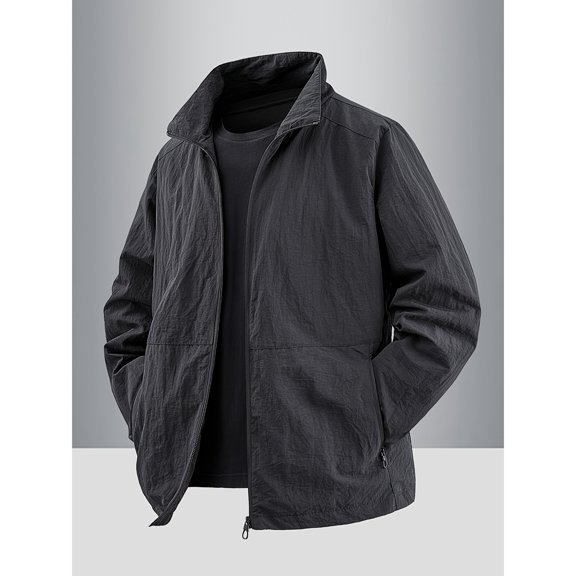 Men'S Lightweight Casual Spring/Autumn Camping Jacket - Solid Color, Zip-Up, Stand Collar, Durable Polyester, Ideal for Fishing & Outdoor Adventures, Camping Jacket