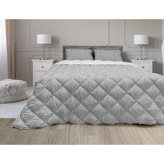 Grey and White Comforter & Sham Bedding Set, Hand Drawn Style Pattern with Abstract Waves Modern Sea Inspired Design, 3 pcs Duvet Set Microfiber Filling Quilt, 5 Sizes, Grey and White, by Ambesonne