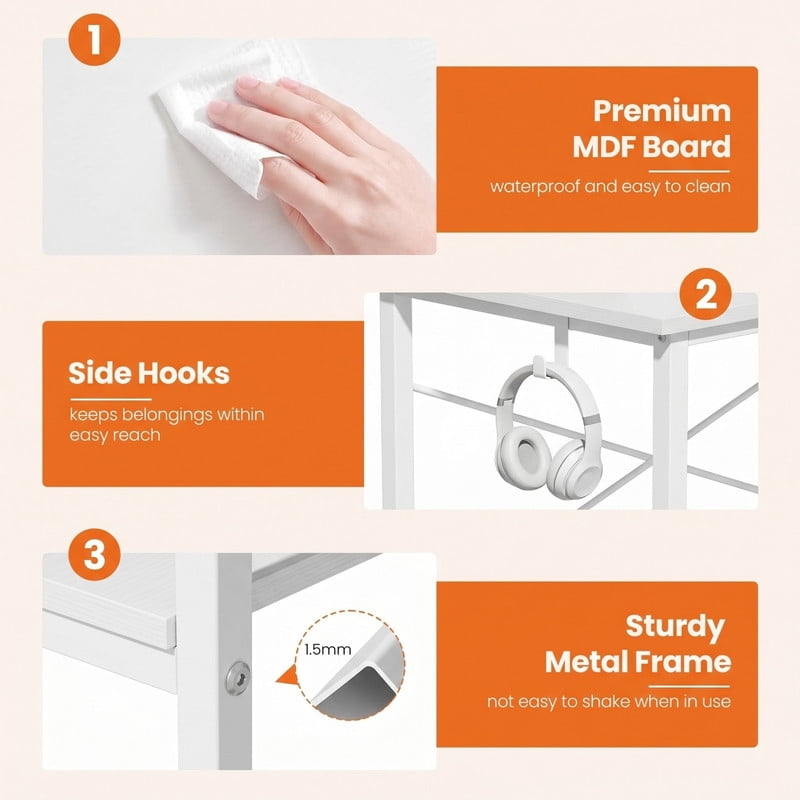 Kelno 40 Inch Computer Desk with 2 Fabric Drawers Home Office Work Table with Side Hook Adjustable Storage Shelf, White
