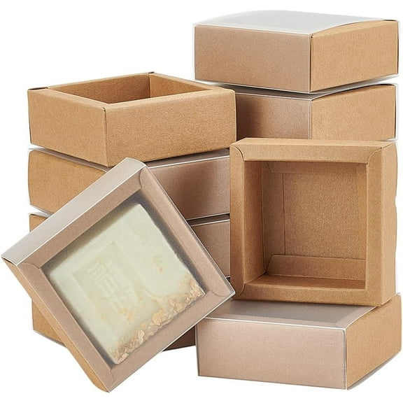 12 Packs Small Square Brown Kraft Boxes Heavy Duty Paper Gift Box with Clear PVC Windows 3.3x3.3x1.2 for Party Favor Treats Bakery and Jewelry Packaging Beige