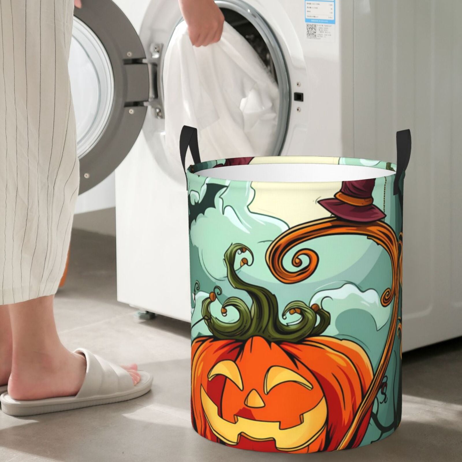 Large Laundry Basket with Handles - Halloween Pumpkin Cartoon Kids Baby Dirty Clothes Laundry Hamper for Bedroom Aesthetic