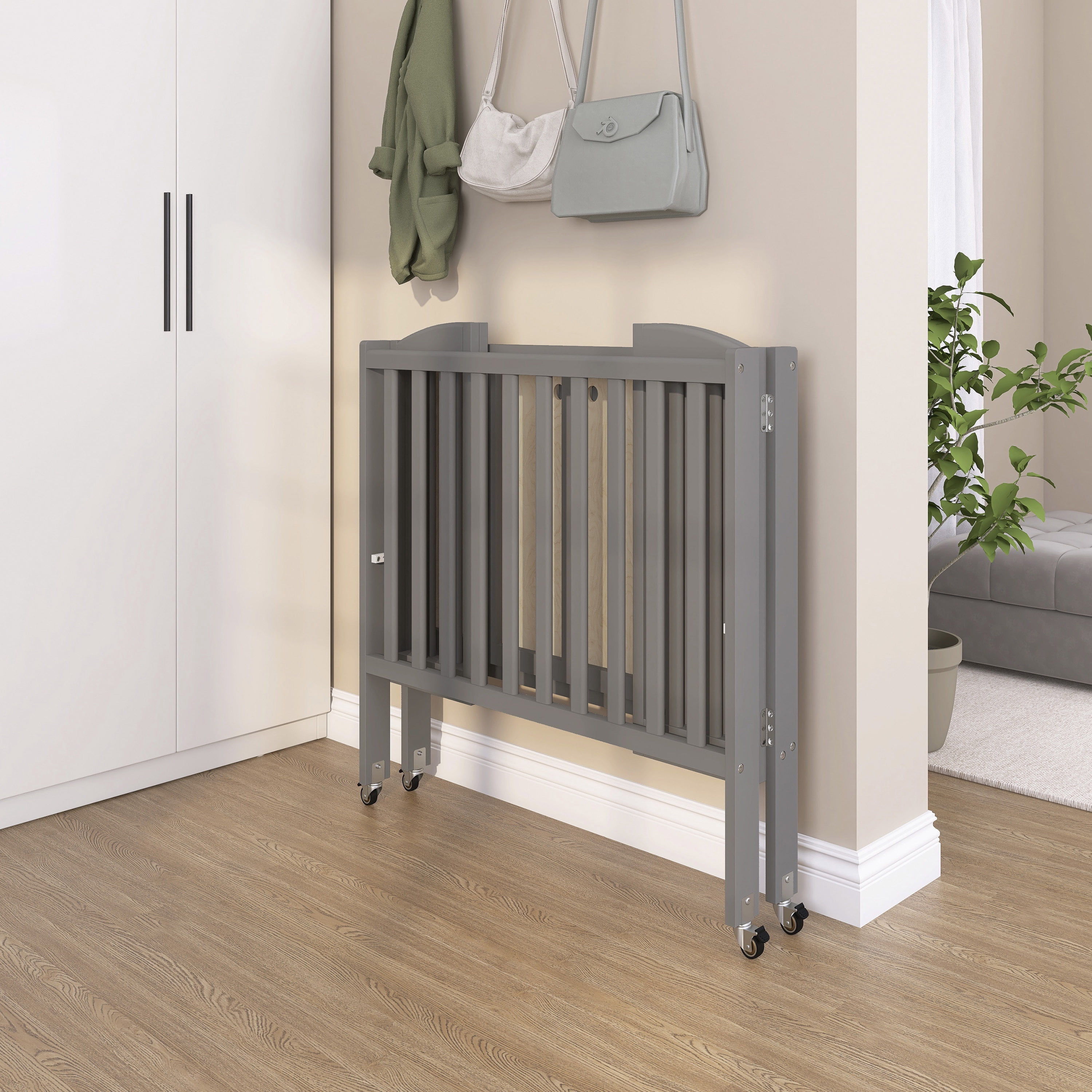 Dream On Me 2-in-1 Folding Portable Mini Crib in Storm Grey, Mattress Pad Included, Easy to Fold and Store Baby Crib, Two Adjustable Mattress Height positions Convertible Crib