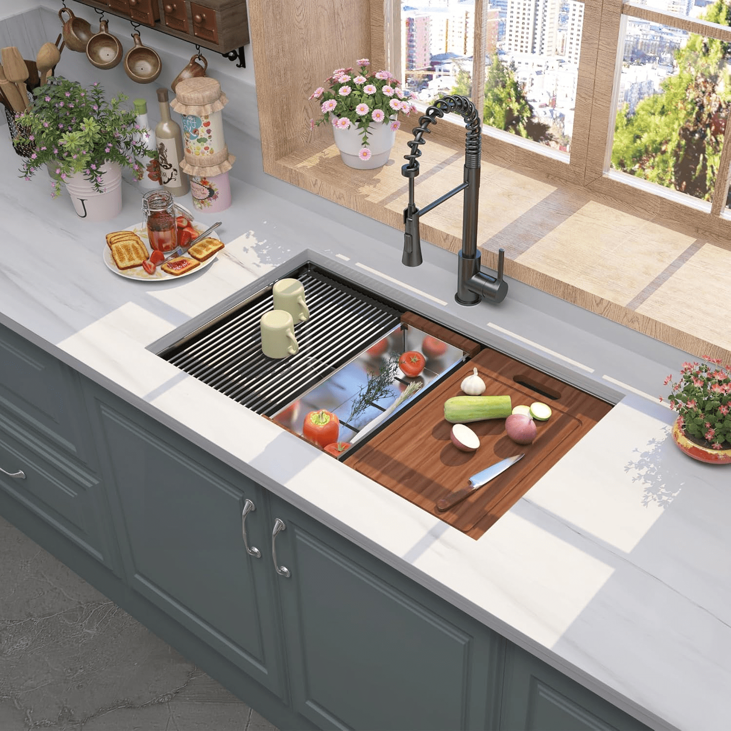 Izzovium 32 Inch Gunmetal Black Undermount Workstation Kitchen Sink, 16 Gauge Stainless Steel Single Bowl Sink with Accessories, 10 Inch Deep, R10 Radius, Handmade Design