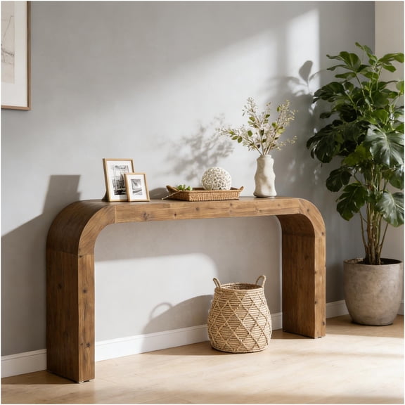 JERFIT 71" Farmhouse Sofa Table, Solid Wood Console Table for Entryway, Narrow Hallway Table with Curved Design for Living Room, Natural Wood Finish