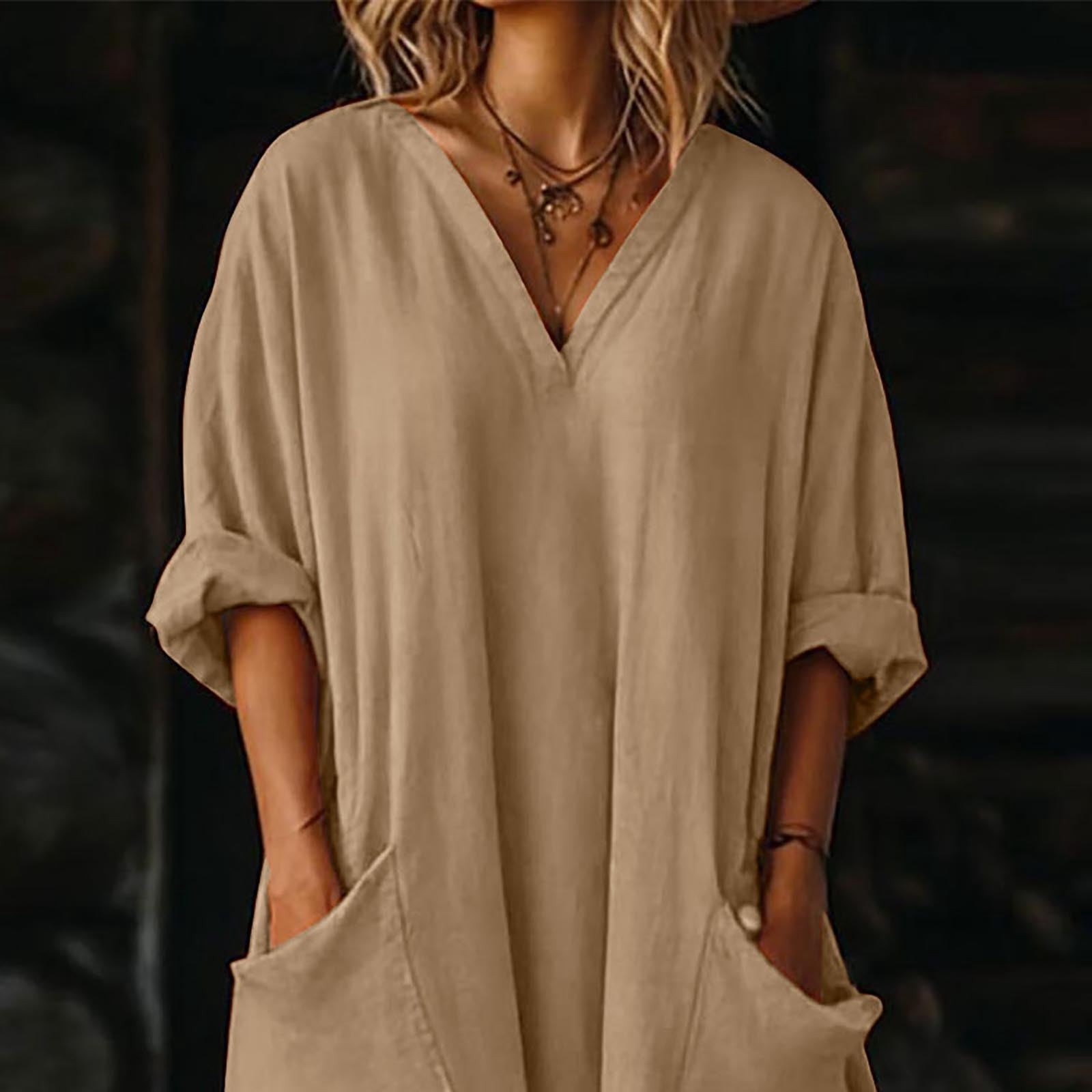 Dresses for Women, Womens Casual Loose Cotton Linen Long Shirt Dress, V-Neck Cuffed Sleeve Side Split Dresses with Pockets