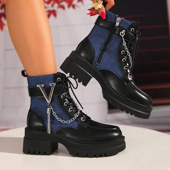 Miluxas Women's Chain Platform Boots Lace up & Zipper Chunky Heel Black Combat Ankle Booties Fashion Motorcycle Boots Blue 7.5(40)