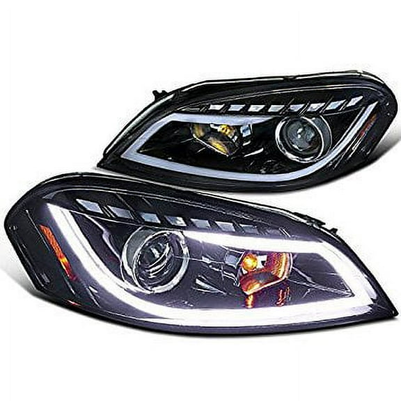 DRL LED Light Bar Strip Projector Headlight Head Lamp Replacement in Gloss Black Housing Smoke Lens Made For And Compatible With 2006 - 2013 Chevy Chevrolet Impala 06 07 08 09 10 11 12 13